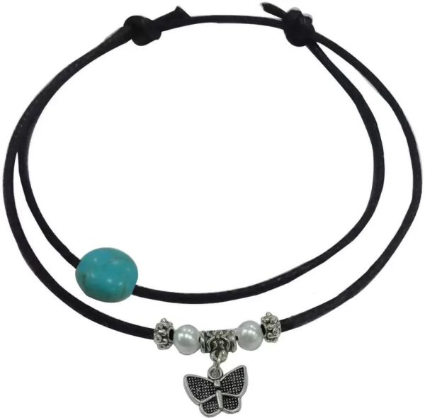 Gurjari Jewellers Turquoise + Moti & Buterfly hanging two layer thread anklet Cotton Dori Anklet For Sale